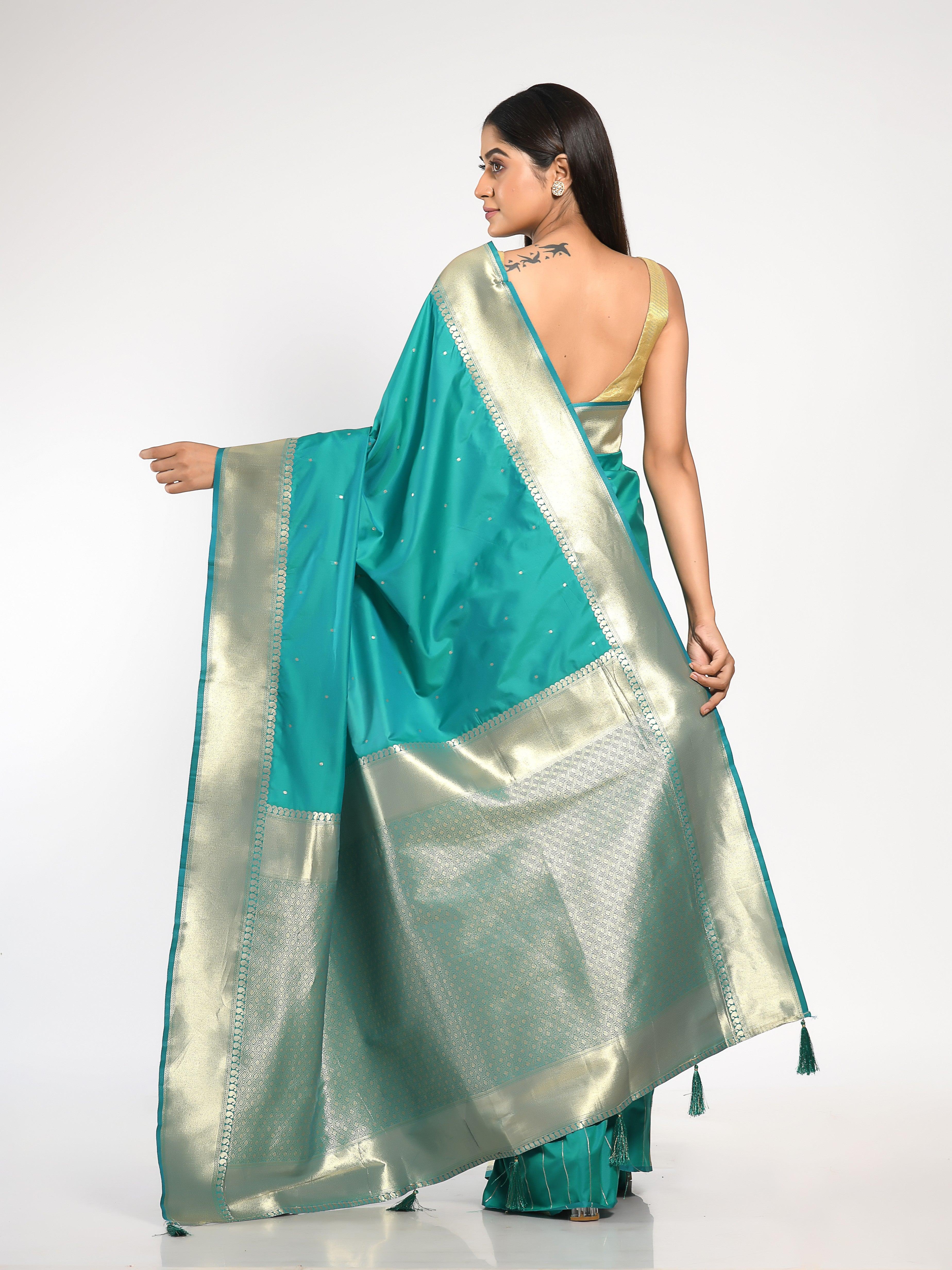 KAVVYA Sea Green Soft & Lightweight Mulberry Silk Weaving Saree In Golden Zari Weaving Solid Border Gorgeous Palla - KAVVYA 