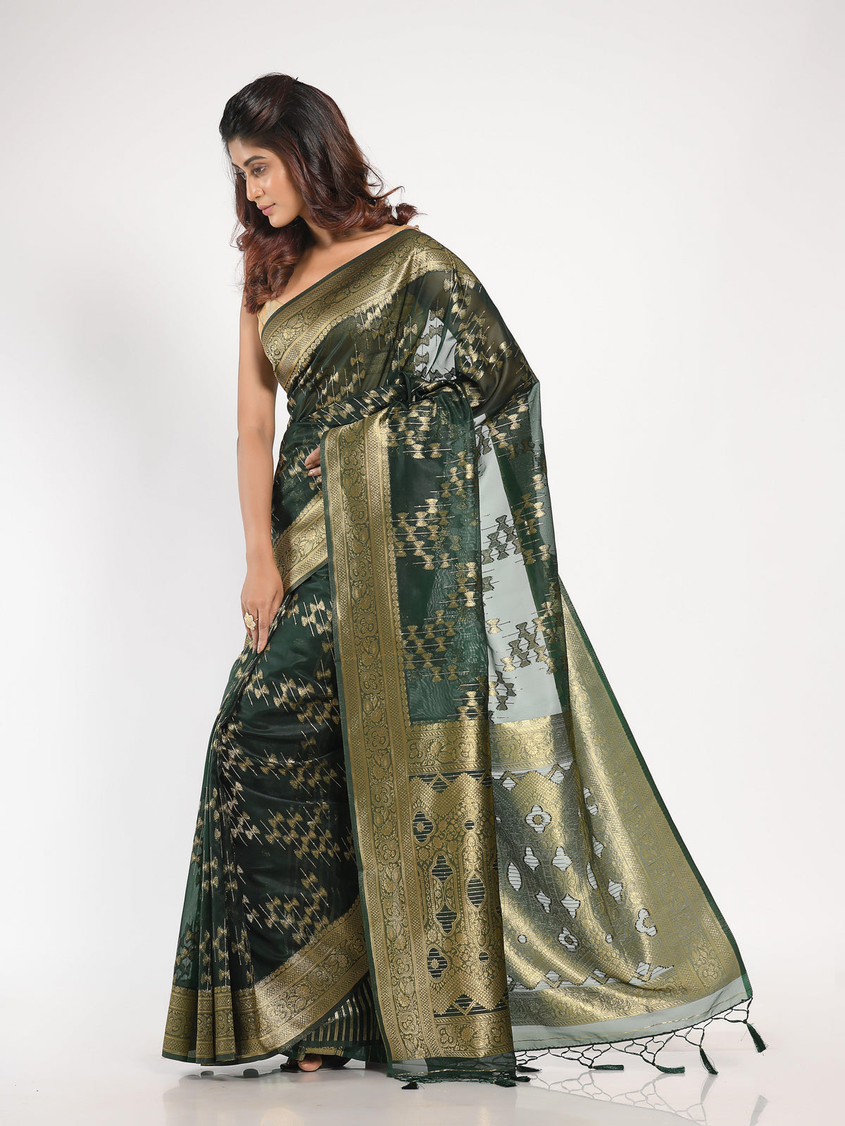 Kavvya Bottle Green Soft & Lightweight Kora Organza Weaving Silk Saree - KAVVYA 