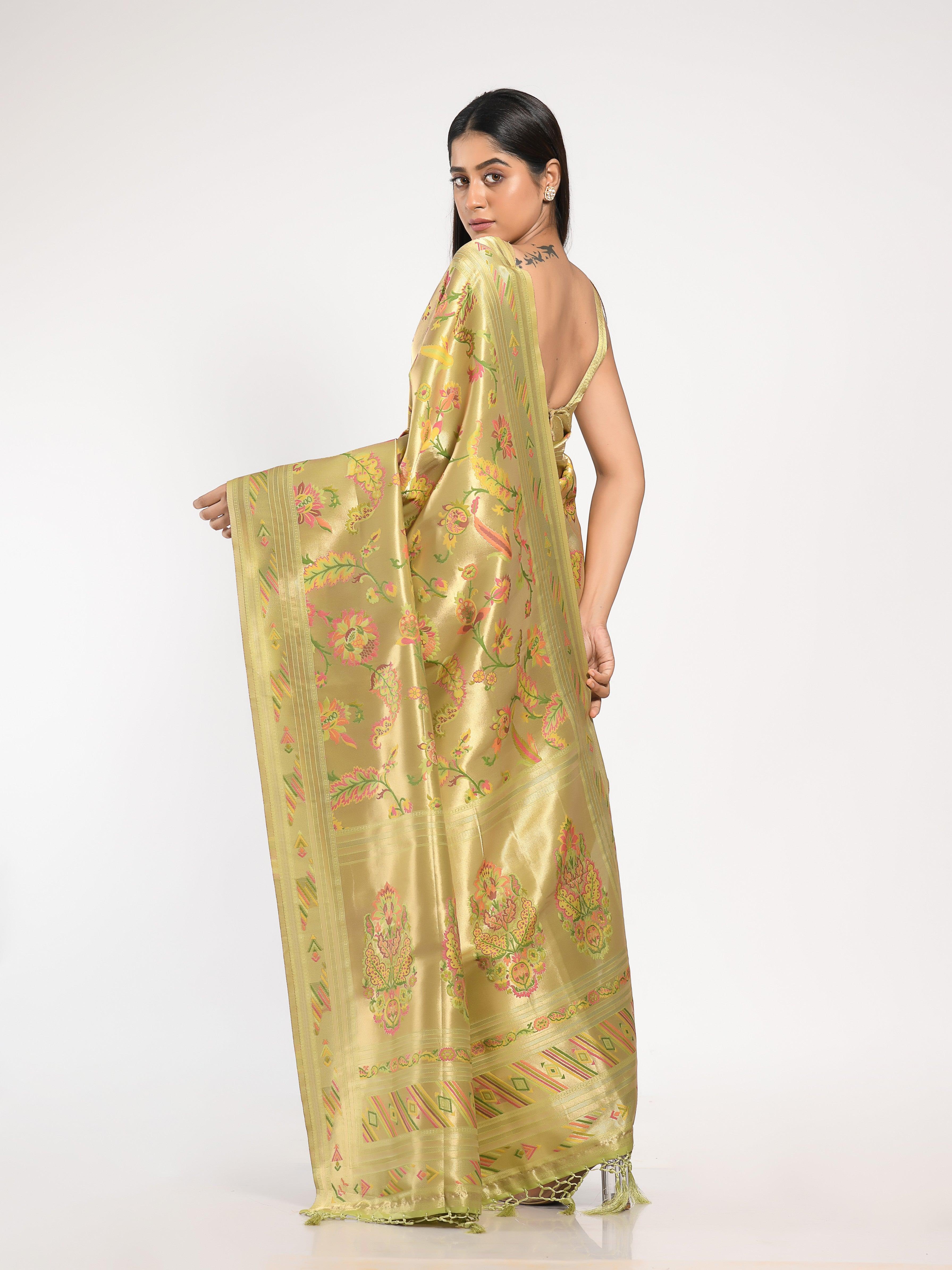 Kavvya Mint Green Soft & Lightweight Weaving Brocade Silk Floral Paithani Saree - KAVVYA 