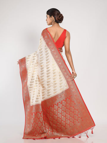 Kavvya White Soft & Lightweight Weaving Raw Silk Saree - KAVVYA 