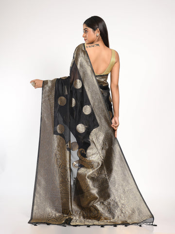 Kavvya Black Soft & Lightweight Kora Organza Weaving Silk Saree - KAVVYA 