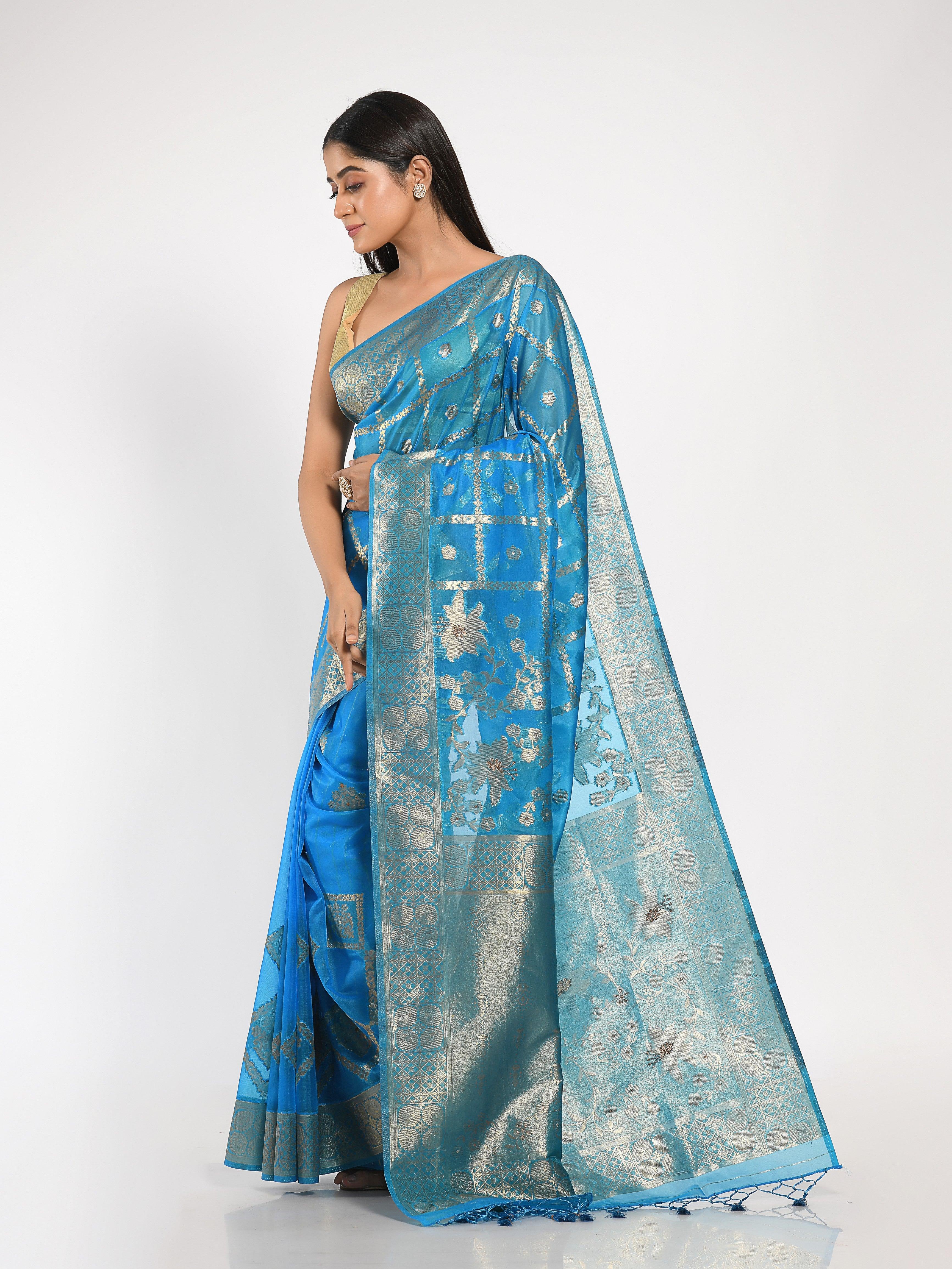 Kavvya Firozi Blue Soft & Lightweight Kora Organza Weaving Silk Saree - KAVVYA 