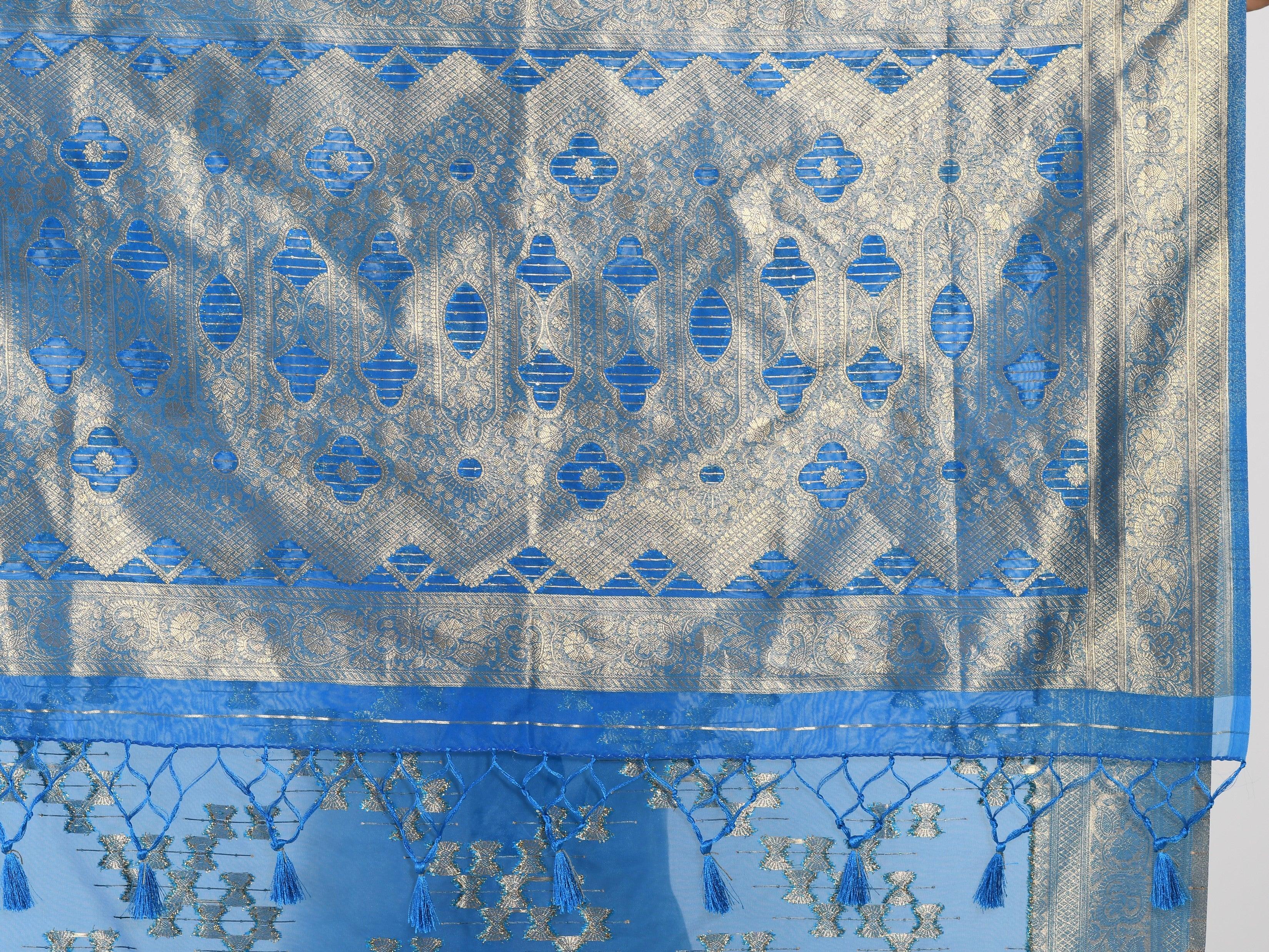 Kavvya Firozi Blue Soft & Lightweight Kora Organza Weaving Silk Saree In Golden Zari & Sequence Weaving On Body - KAVVYA 