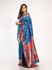 Kavvya Yale Blue Soft & Lightweight Mulberry Silk Weaving Paithani Saree In Bronze & Silver Zari & Multicolor Meena Weaving - KAVVYA 