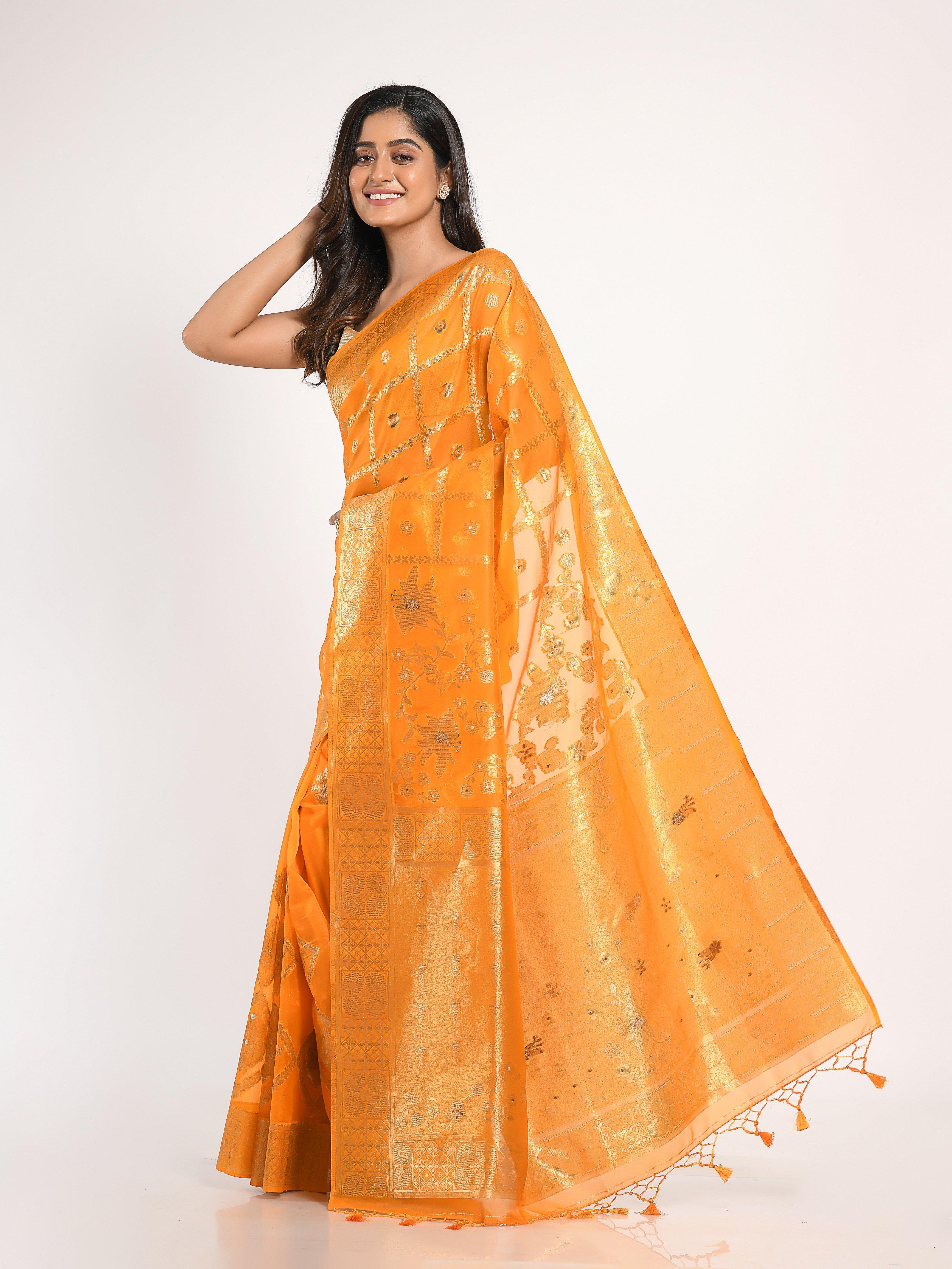 Kavvya Yellow Soft & Lightweight Kora Organza Weaving Silk Saree In Golden & Silver Zari Weaving - KAVVYA 