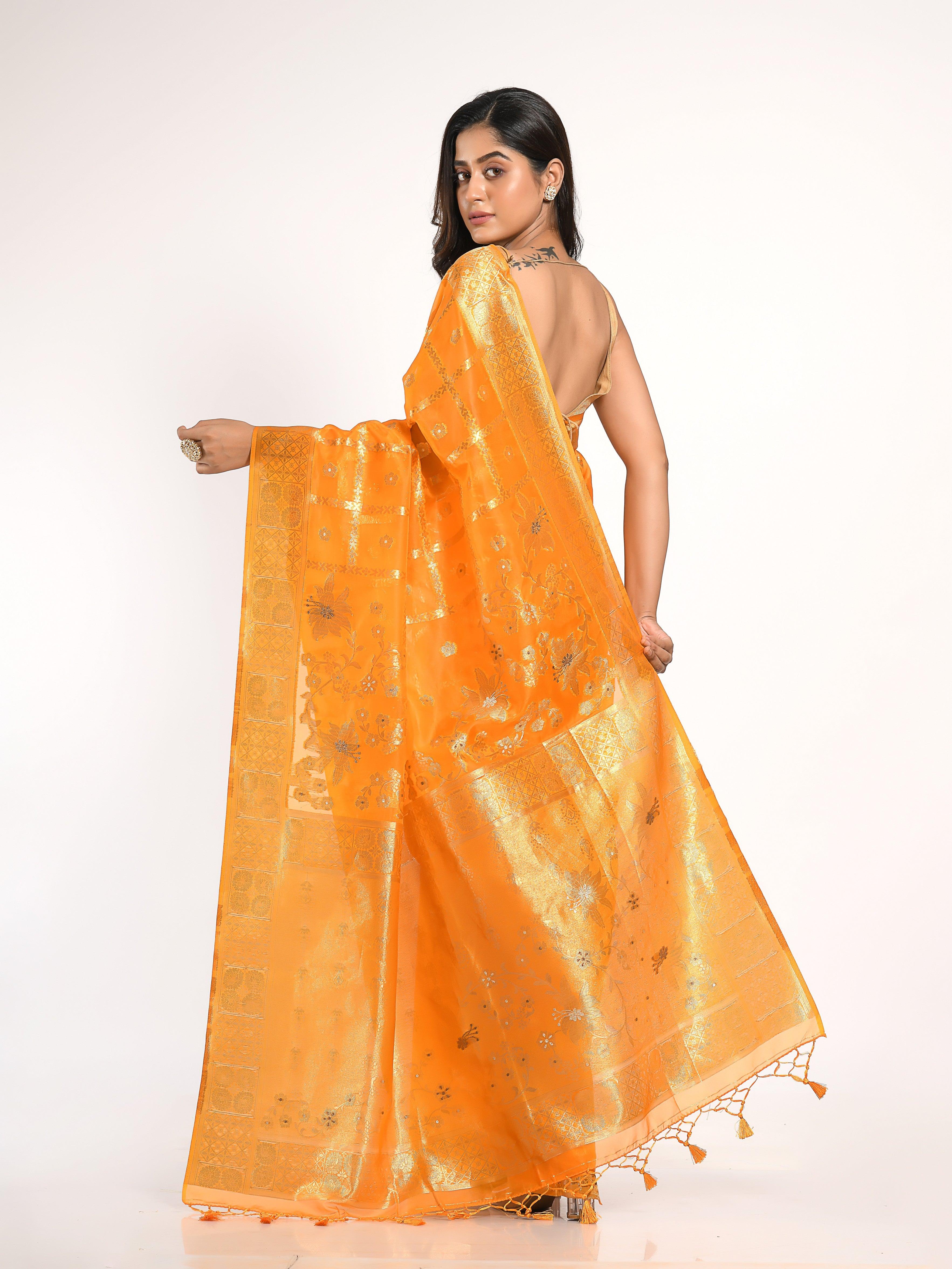 Kavvya Yellow Soft & Lightweight Kora Organza Weaving Silk Saree In Golden & Silver Zari Weaving - KAVVYA 