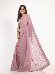 Kavvya Mauve Soft & Lightweight Fancy Shimmer Chiffon Saree In Tone To Tone Resham Embroidery & Same Color Stone Highlights. - KAVVYA 