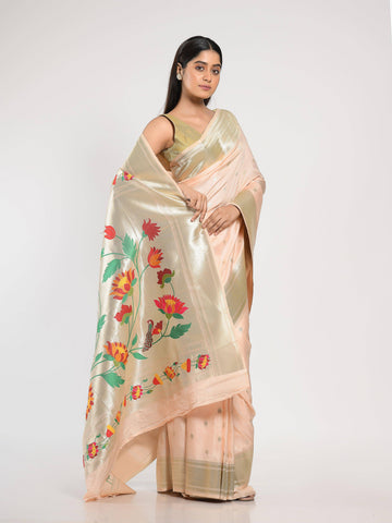 KAVVYA Blush Pink Soft & Lightweight Mulberry Silk Paithani Saree