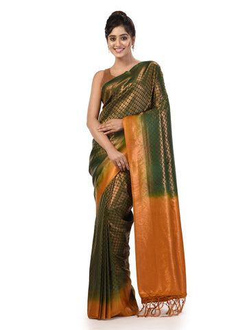 KAVVYA Bottle Green Soft & Lightweight Softy Silk Saree Bronze Zari Weaving Contrast Color Mustard Border