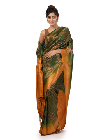 KAVVYA Bottle Green Soft & Lightweight Softy Silk Saree Bronze Zari Weaving Contrast Color Mustard Border