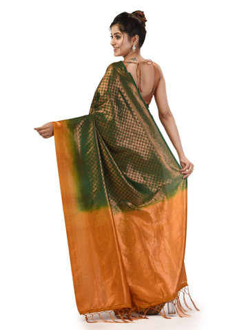 KAVVYA Bottle Green Soft & Lightweight Softy Silk Saree Bronze Zari Weaving Contrast Color Mustard Border