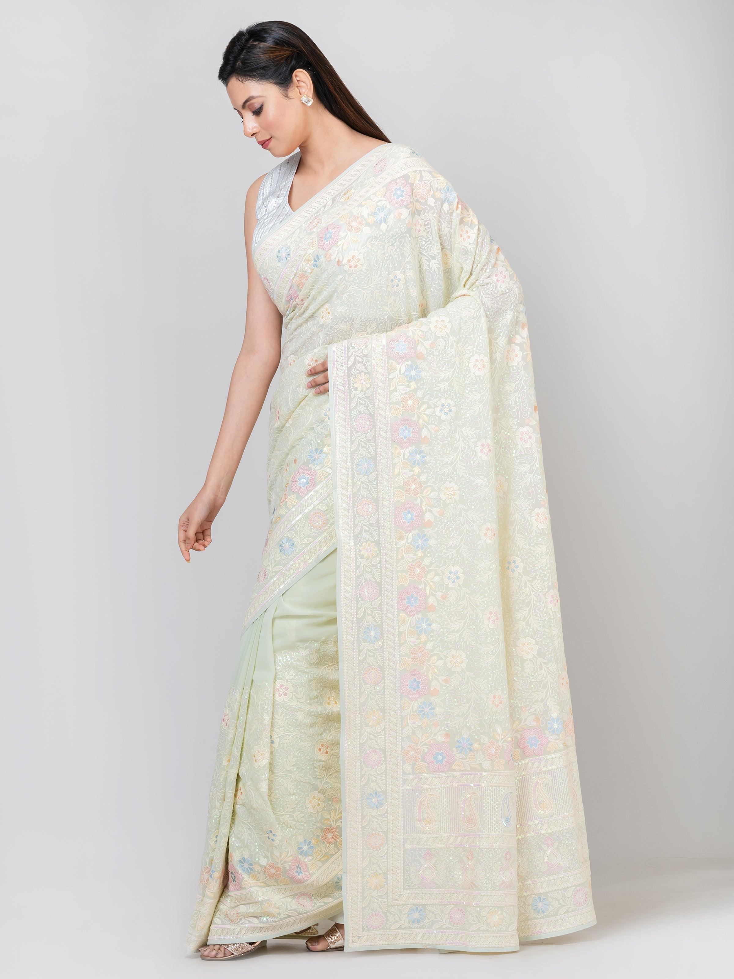 Kavvya Mint Green Color Resham Embroidery Saree - KAVVYA 