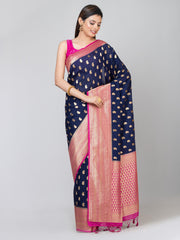 Kavvya Navy Blue Body Rani Border Soft & Lightweight Banarasi Geaorgatte Weaving Silk Saree - KAVVYA 