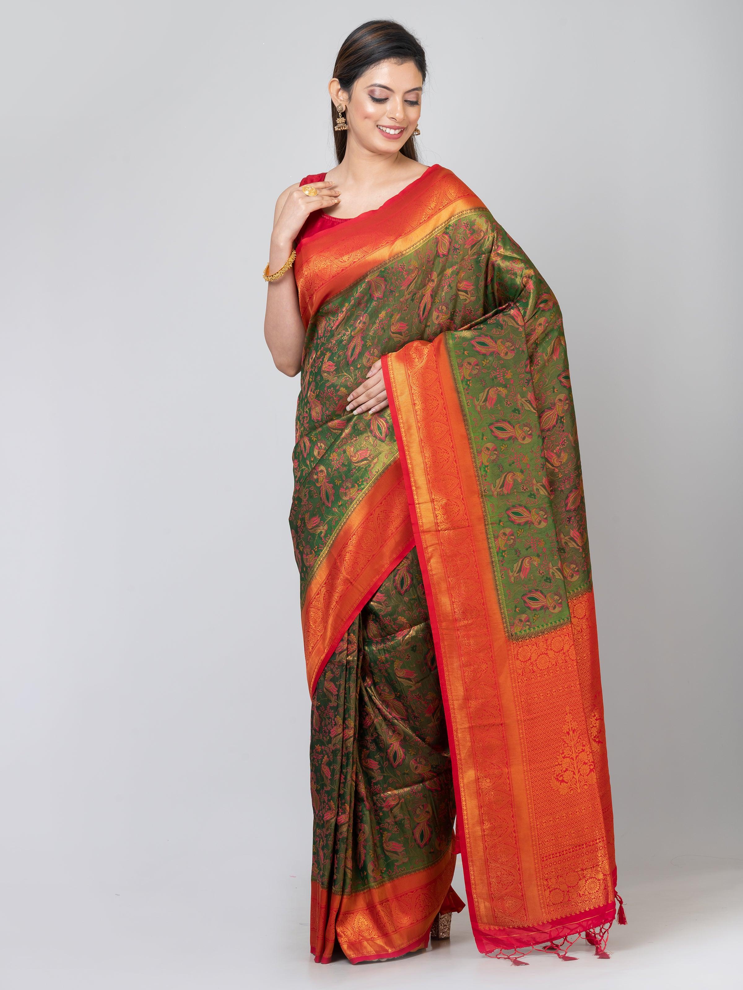 Kavvya Bottle Green & Red Soft & Lightweight Banarasi Pashmina Silk Weaving Saree - KAVVYA 