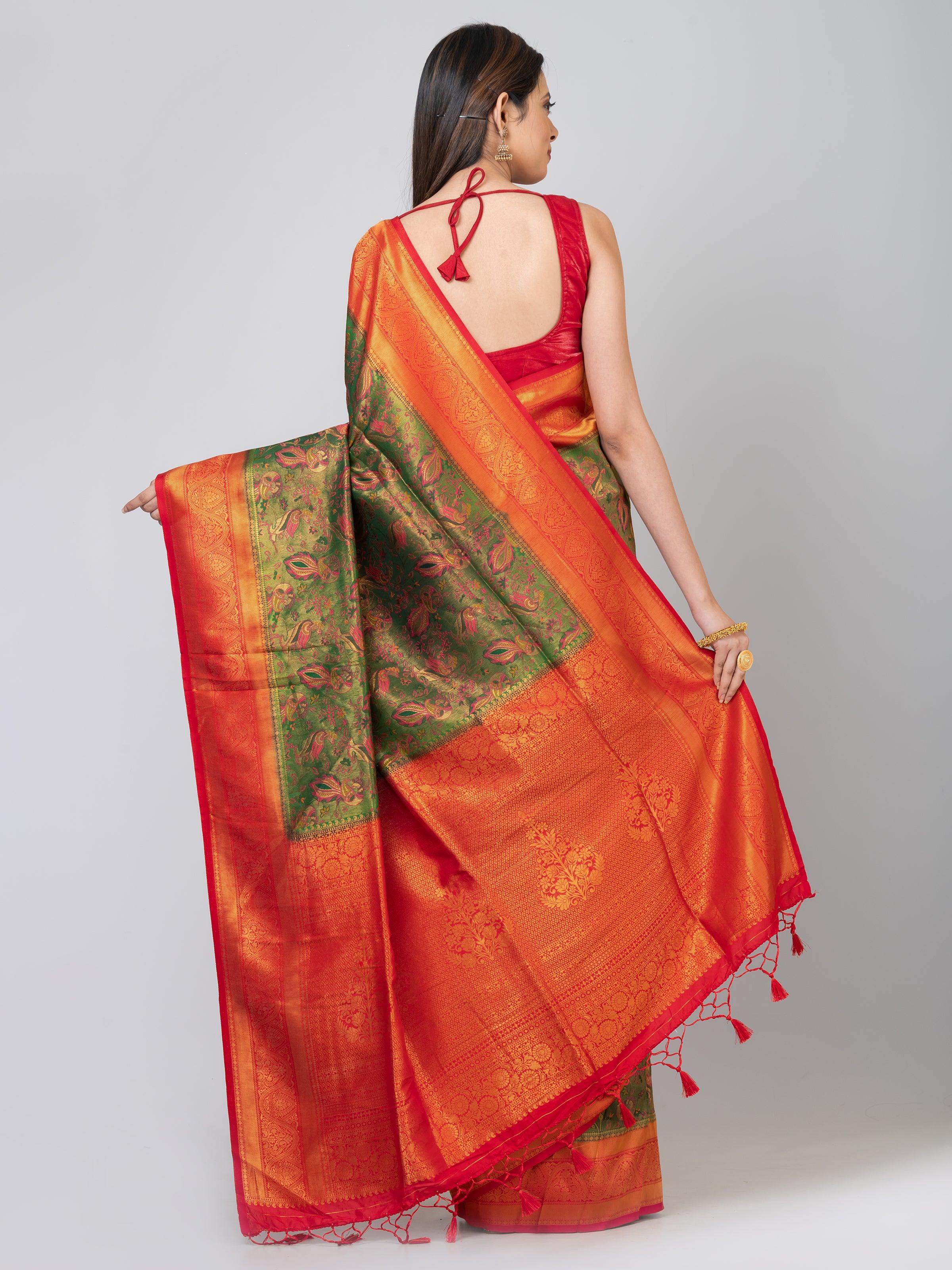 Kavvya Bottle Green & Red Soft & Lightweight Banarasi Pashmina Silk Weaving Saree - KAVVYA 