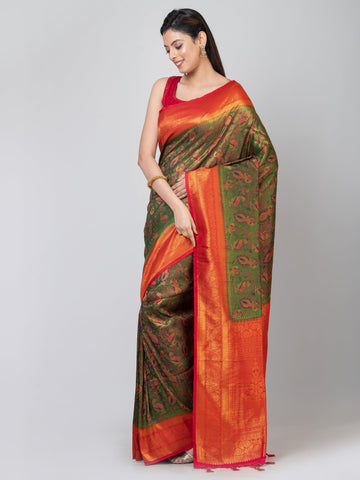 Kavvya Bottle Green & Red Soft & Lightweight Banarasi Pashmina Silk Weaving Saree - KAVVYA 