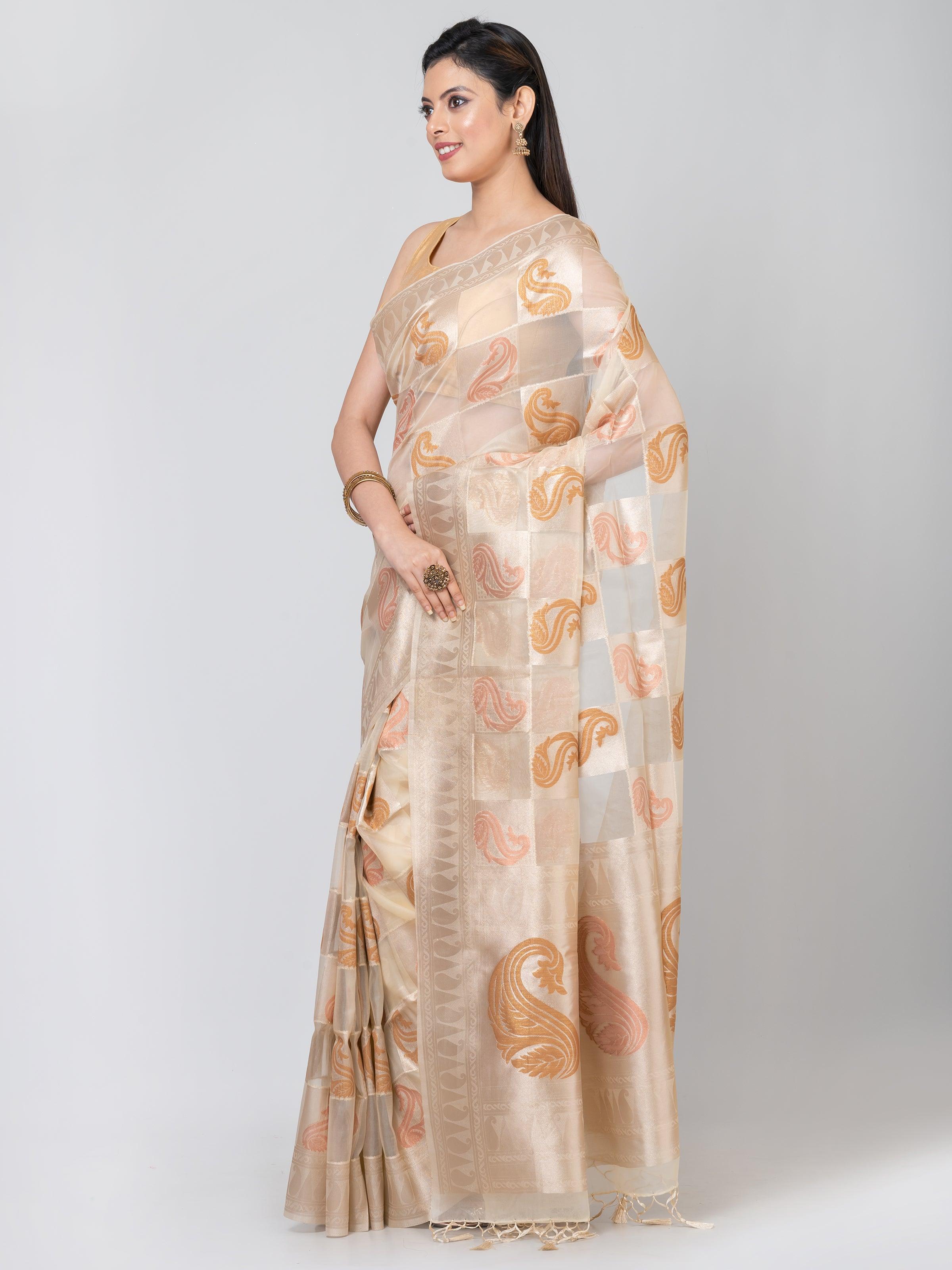 Kavvya Cream Soft & Lightweight Benarasi Organza /Kora Silk Weaving Saree - KAVVYA 