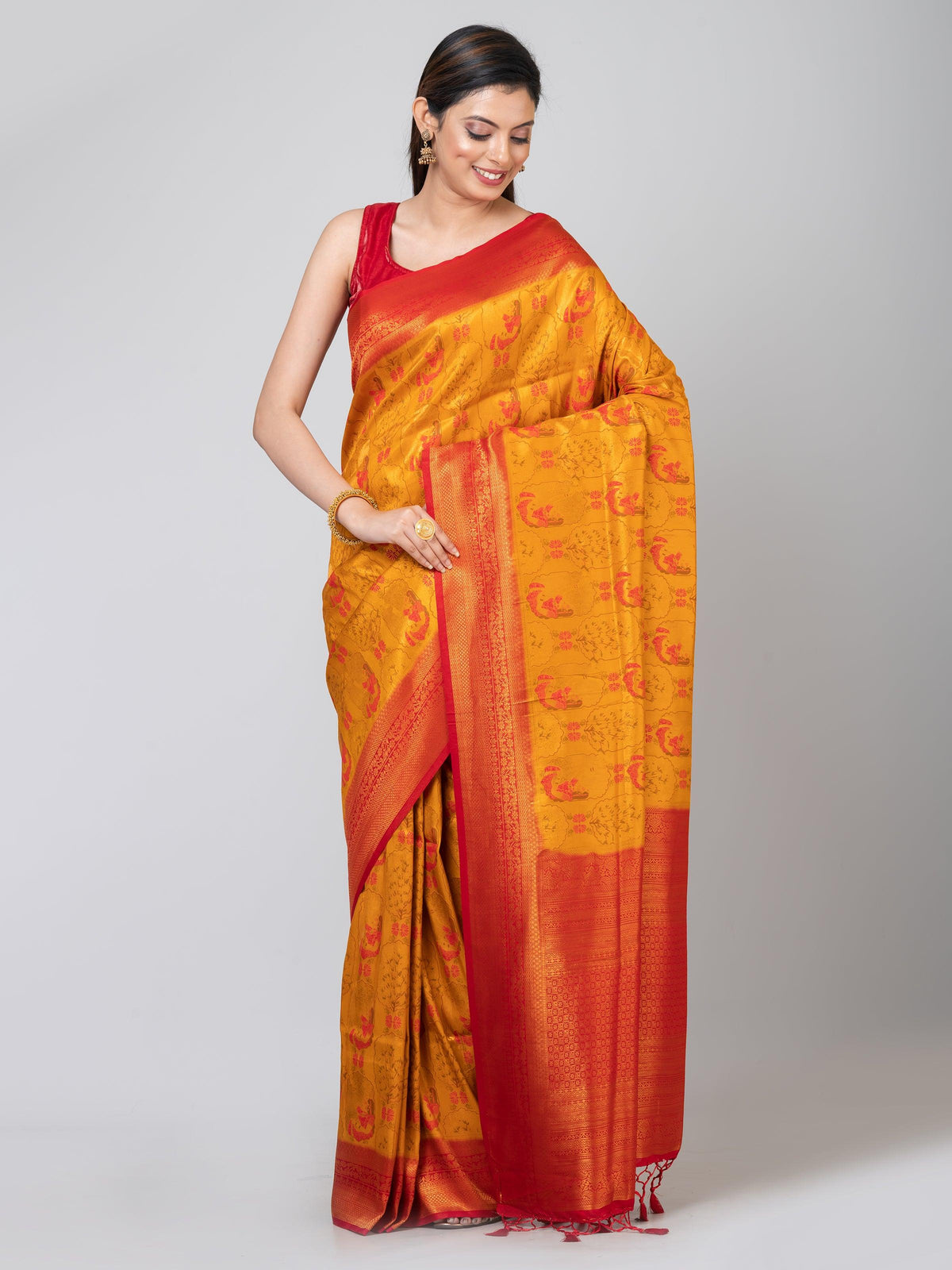 Kavvya Mustard Yellow & Red Soft & Lightweight Banarsi Pashmina Silk Weaving Saree - KAVVYA 