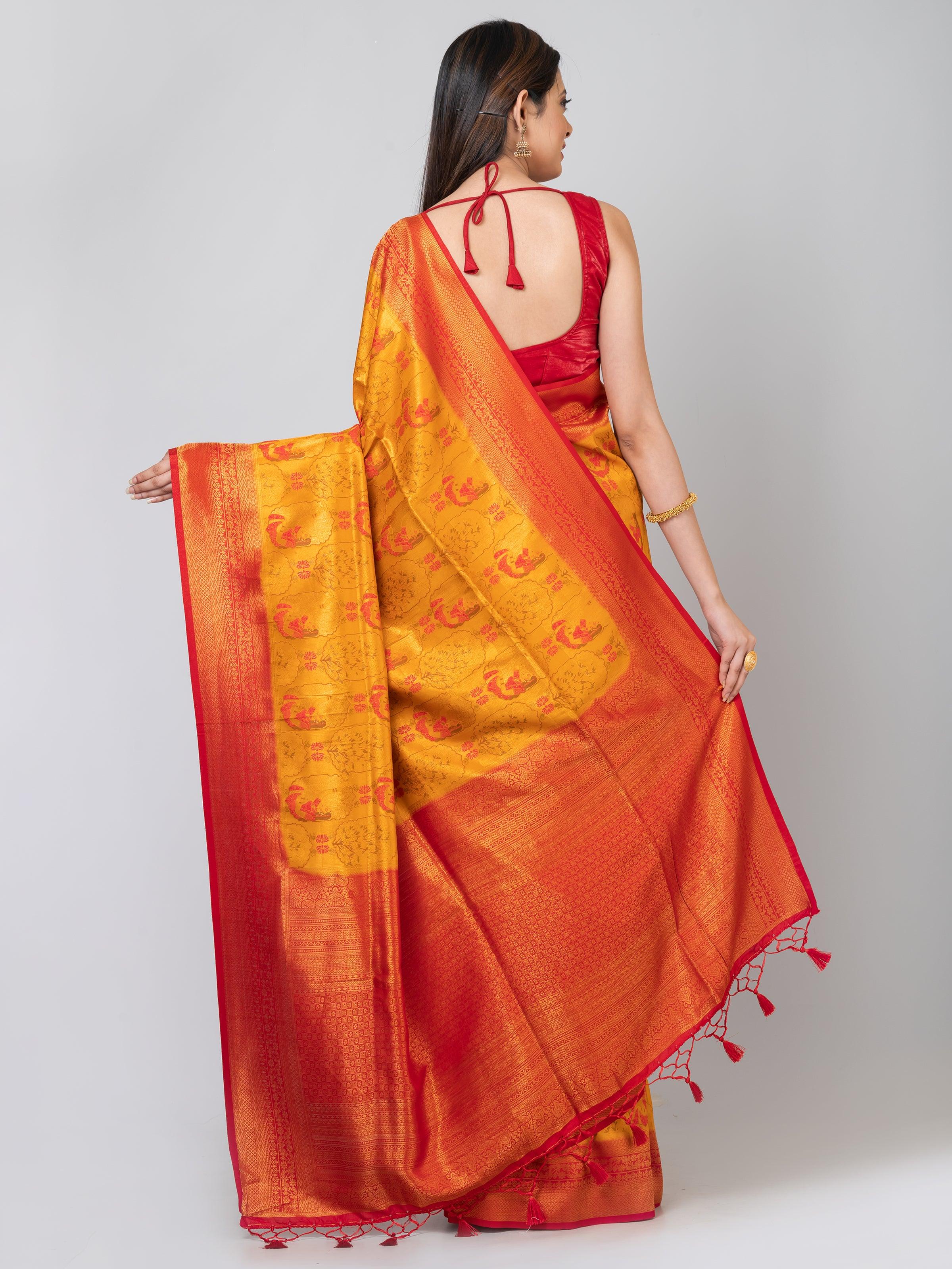 Kavvya Mustard Yellow & Red Soft & Lightweight Banarsi Pashmina Silk Weaving Saree - KAVVYA 