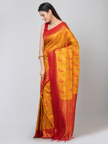 Kavvya Mustard Yellow & Red Soft & Lightweight Banarsi Pashmina Silk Weaving Saree - KAVVYA 