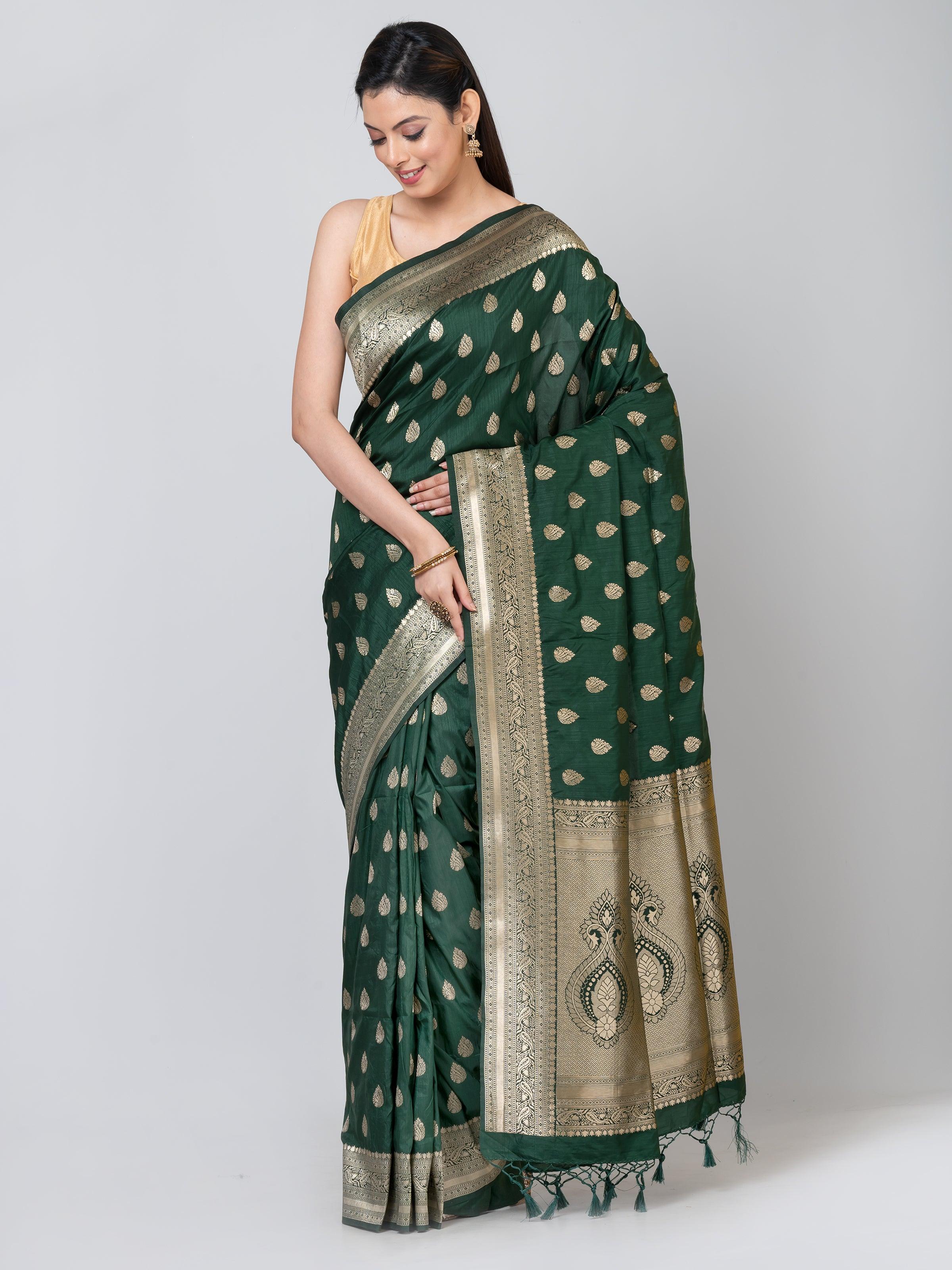 Kavvya Bottle Green Soft & Lightweight Raw Silk Weaving Saree - KAVVYA 