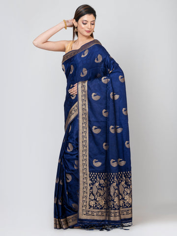 Kavya Soft & Lightweight Indigo Blue Satin Gajji Silk Weaving Saree - KAVVYA 