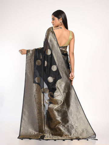 Kavvya Black Soft & Lightweight Kora Organza Weaving Silk Saree