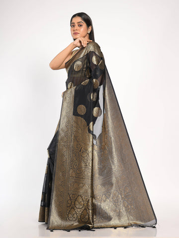 Kavvya Black Soft & Lightweight Kora Organza Weaving Silk Saree