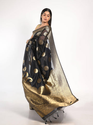 Kavvya Black Soft & Lightweight Kora Organza Weaving Silk Saree