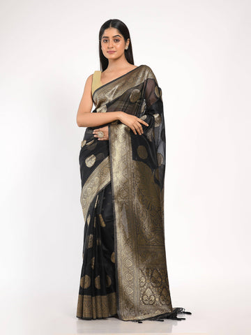 Kavvya Black Soft & Lightweight Kora Organza Weaving Silk Saree