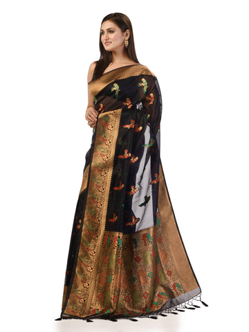 Kavvya Black Soft & Lightweight Kora Organza Weaving Silk Saree In Golden Zari & Multicolor Meena Weaving