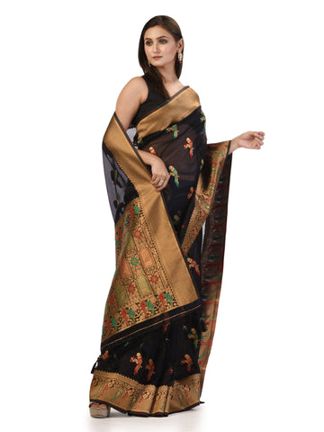 Kavvya Black Soft & Lightweight Kora Organza Weaving Silk Saree In Golden Zari & Multicolor Meena Weaving
