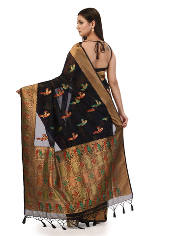 Kavvya Black Soft & Lightweight Kora Organza Weaving Silk Saree In Golden Zari & Multicolor Meena Weaving