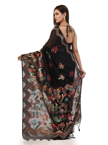 Kavvya Black Soft & Lightweight Taspa Silk Weaving Saree,Body Warli Design In Multicolor Meena Weaving