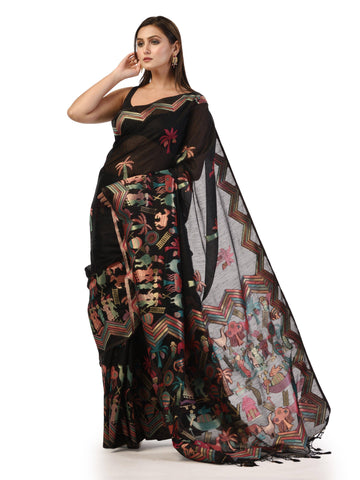 Kavvya Black Soft & Lightweight Taspa Silk Weaving Saree,Body Warli Design In Multicolor Meena Weaving
