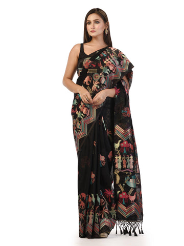 Kavvya Black Soft & Lightweight Taspa Silk Weaving Saree,Body Warli Design In Multicolor Meena Weaving