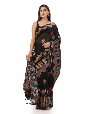 Kavvya Black Soft & Lightweight Taspa Silk Weaving Saree,Body Warli Design In Multicolor Meena Weaving