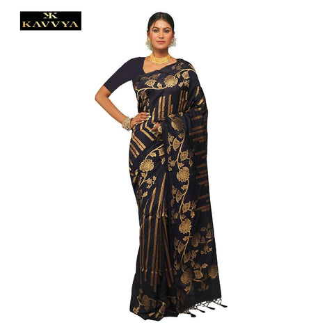 Kavvya Navy Blue Soft And Light Weight Raw Silk Weaving Saree - KAVVYA 