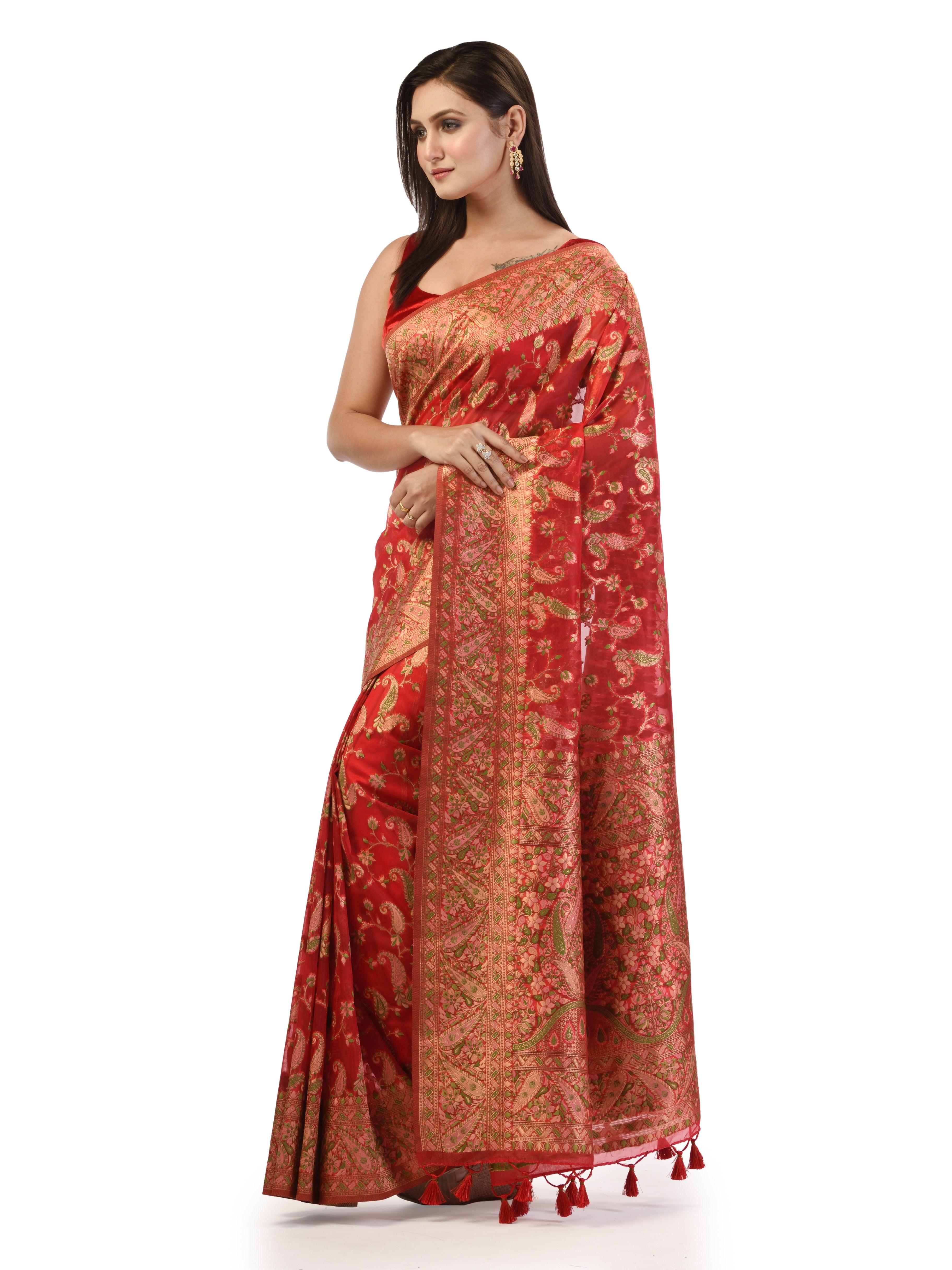 Kavvya Red Soft & Lightweight Kora Organza Weaving Silk Saree - KAVVYA 
