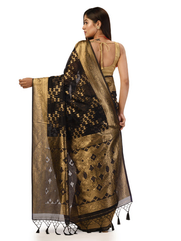 Kavvya Black Soft & Lightweight Kora Organza Weaving Silk Saree In Golden Zari - KAVVYA 