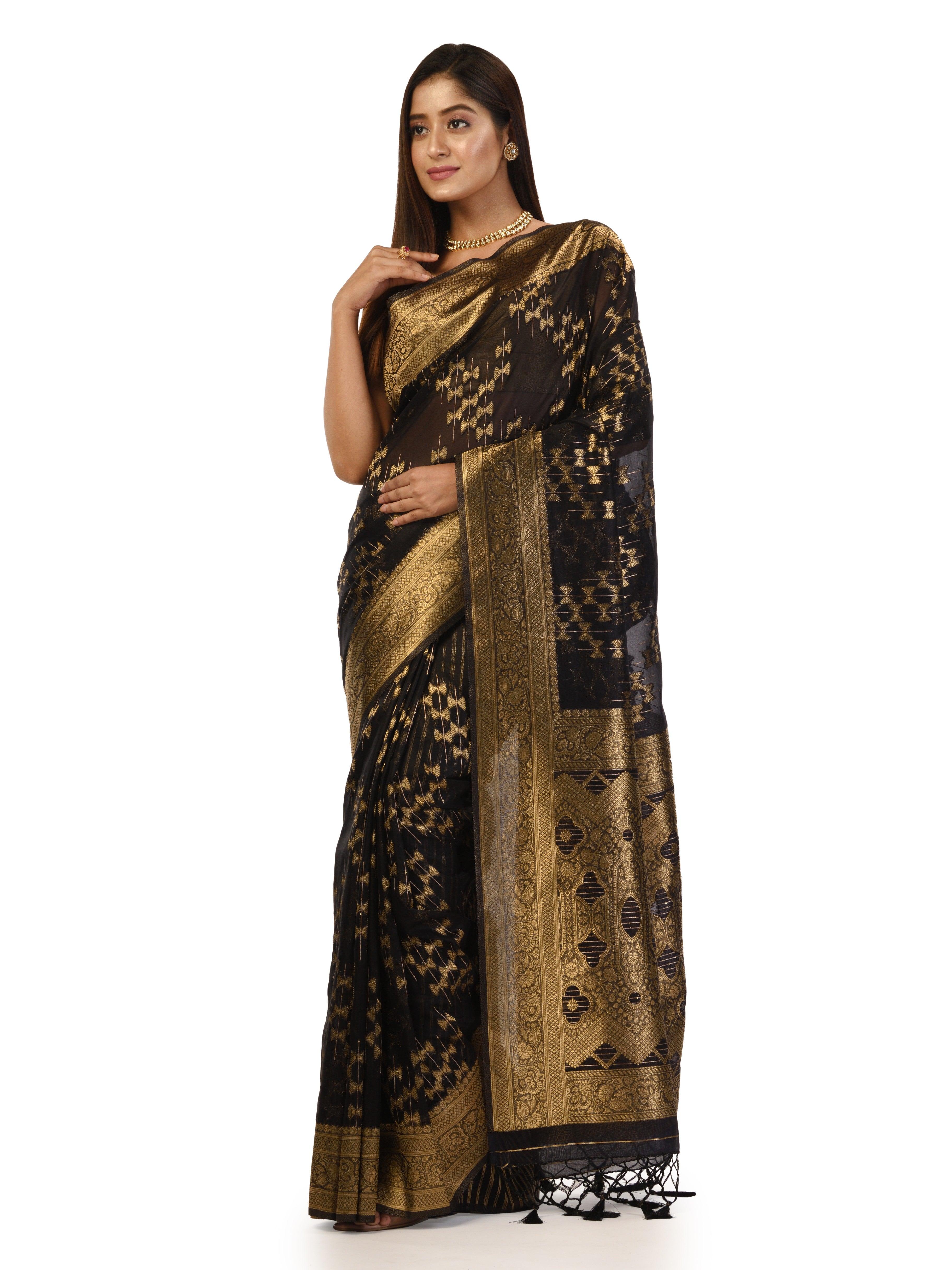 Kavvya Black Soft & Lightweight Kora Organza Weaving Silk Saree In Golden Zari - KAVVYA 