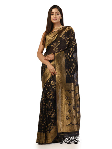 Kavvya Black Soft & Lightweight Kora Organza Weaving Silk Saree In Golden Zari - KAVVYA 