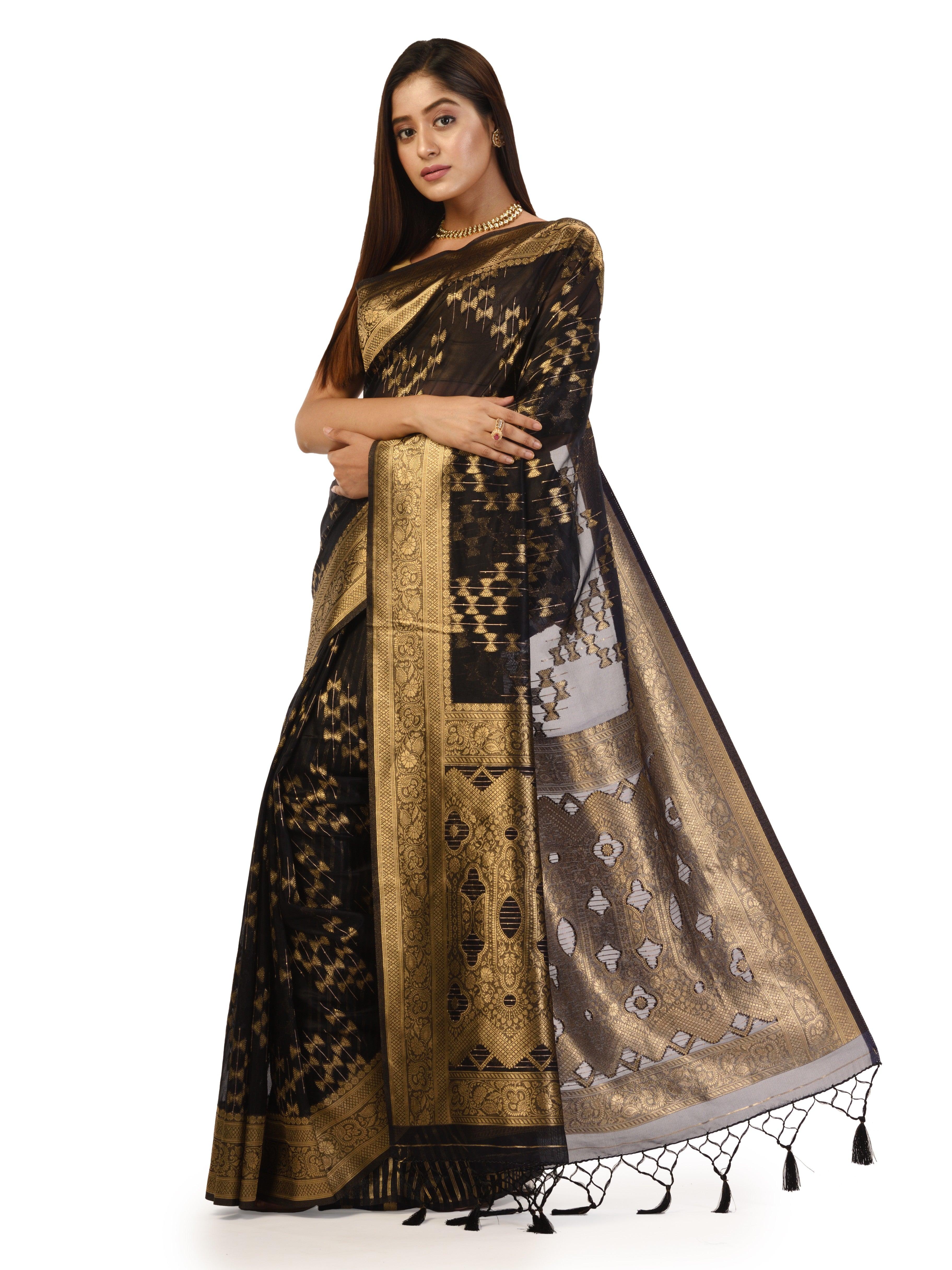 Kavvya Black Soft & Lightweight Kora Organza Weaving Silk Saree In Golden Zari - KAVVYA 