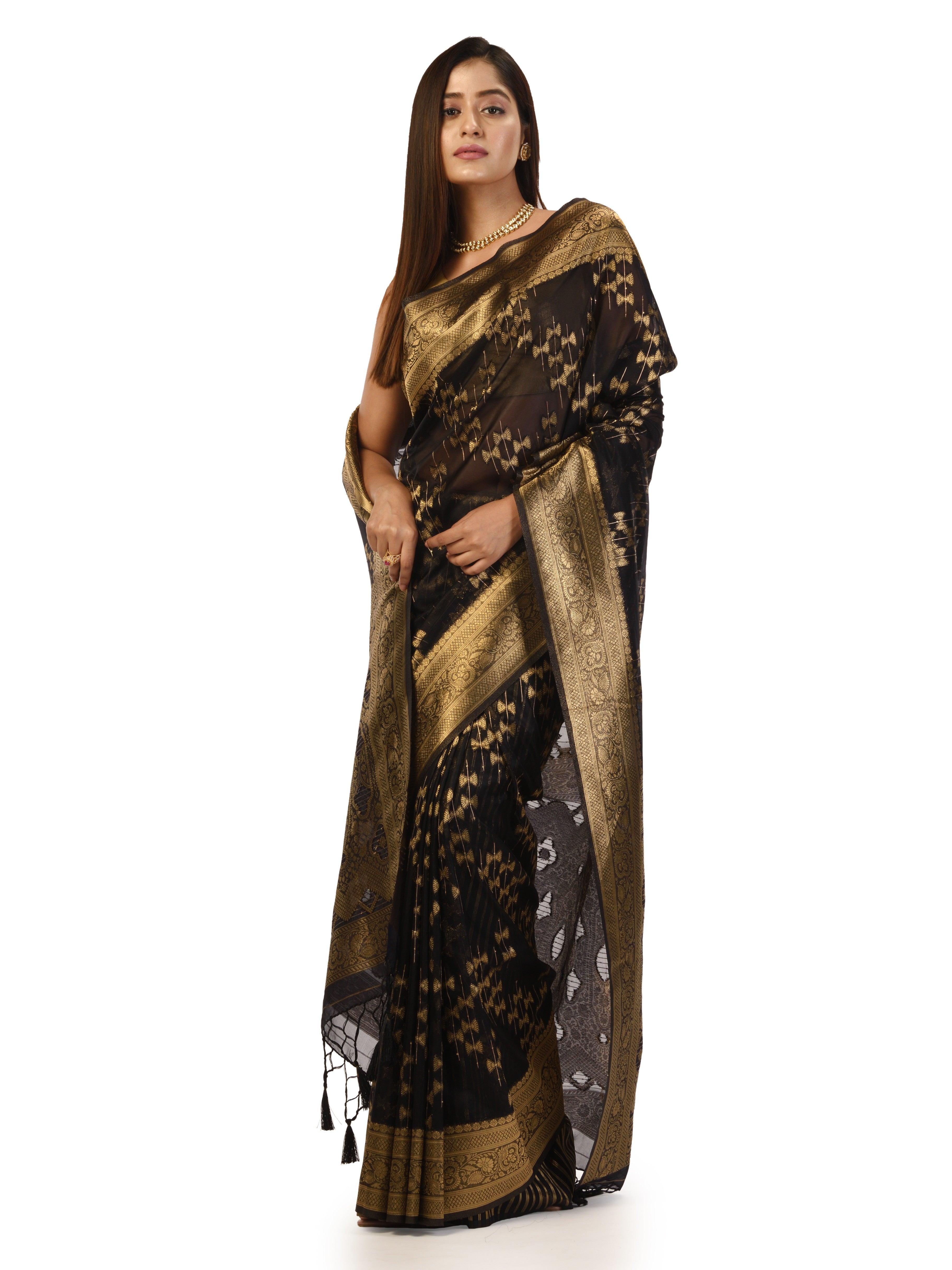 Kavvya Black Soft & Lightweight Kora Organza Weaving Silk Saree In Golden Zari - KAVVYA 