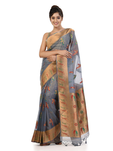 Kavvya Gray Soft & Lightweight Kora Organza Weaving Silk Saree - KAVVYA 