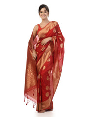 Kavvya Red Soft & Lightweight Kora Organza Weaving Silk Saree In Golden Zari Weaving - KAVVYA 