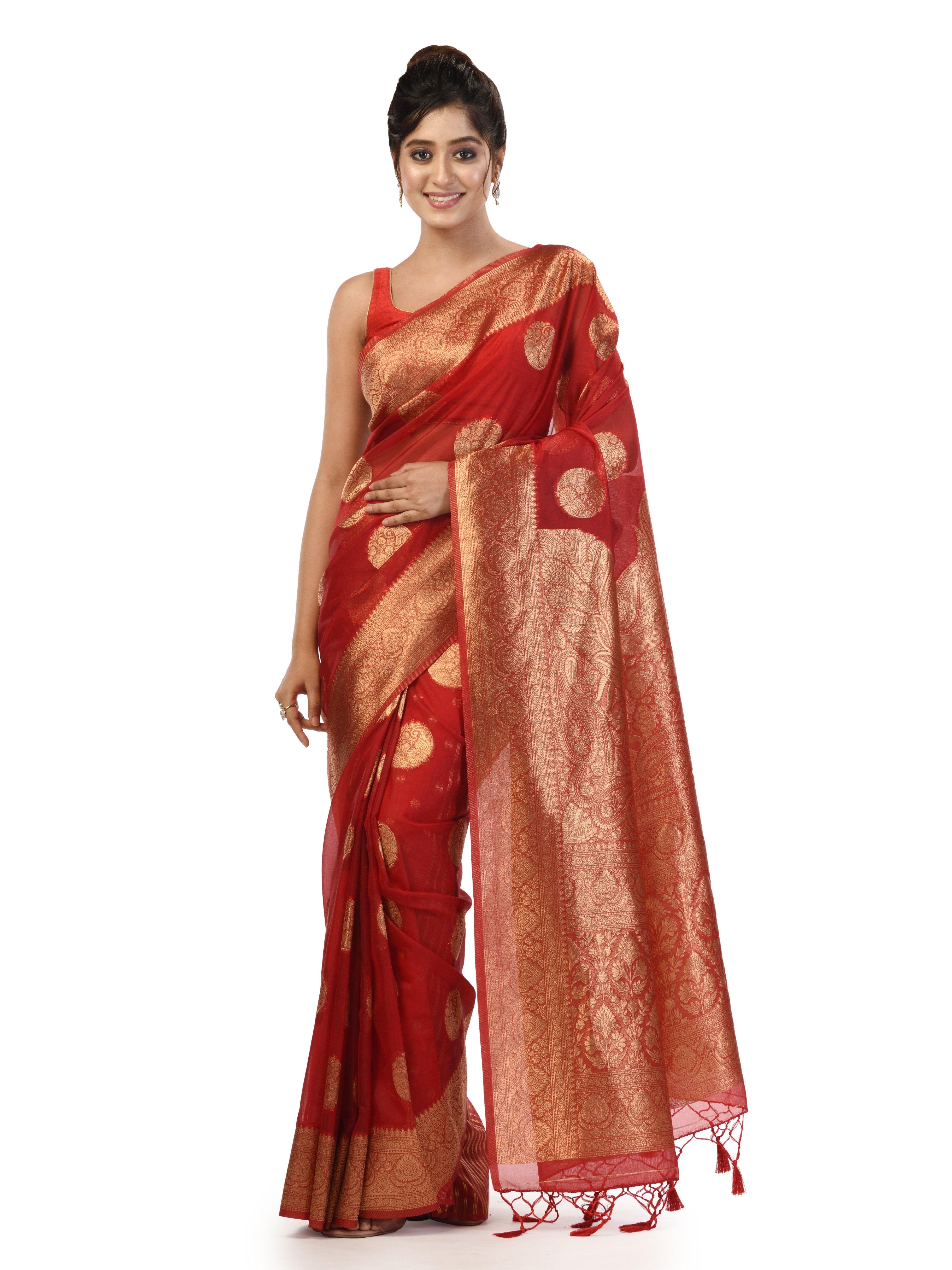 Kavvya Red Soft & Lightweight Kora Organza Weaving Silk Saree In Golden Zari Weaving - KAVVYA 