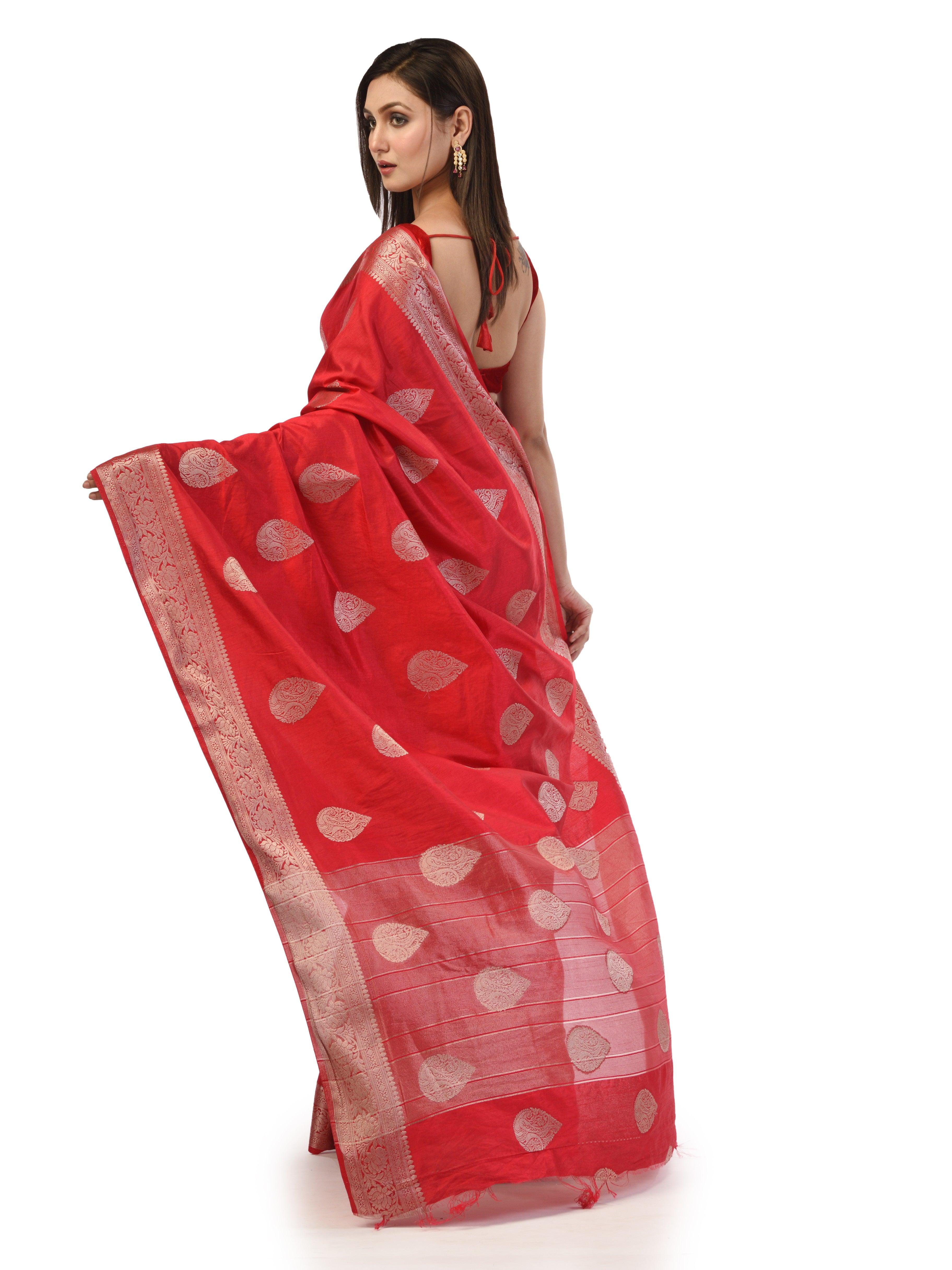 Kavvya Red Soft & Lightweight Raw Silk Weaving Saree In Anmol/ Golden Zari Weaving - KAVVYA 