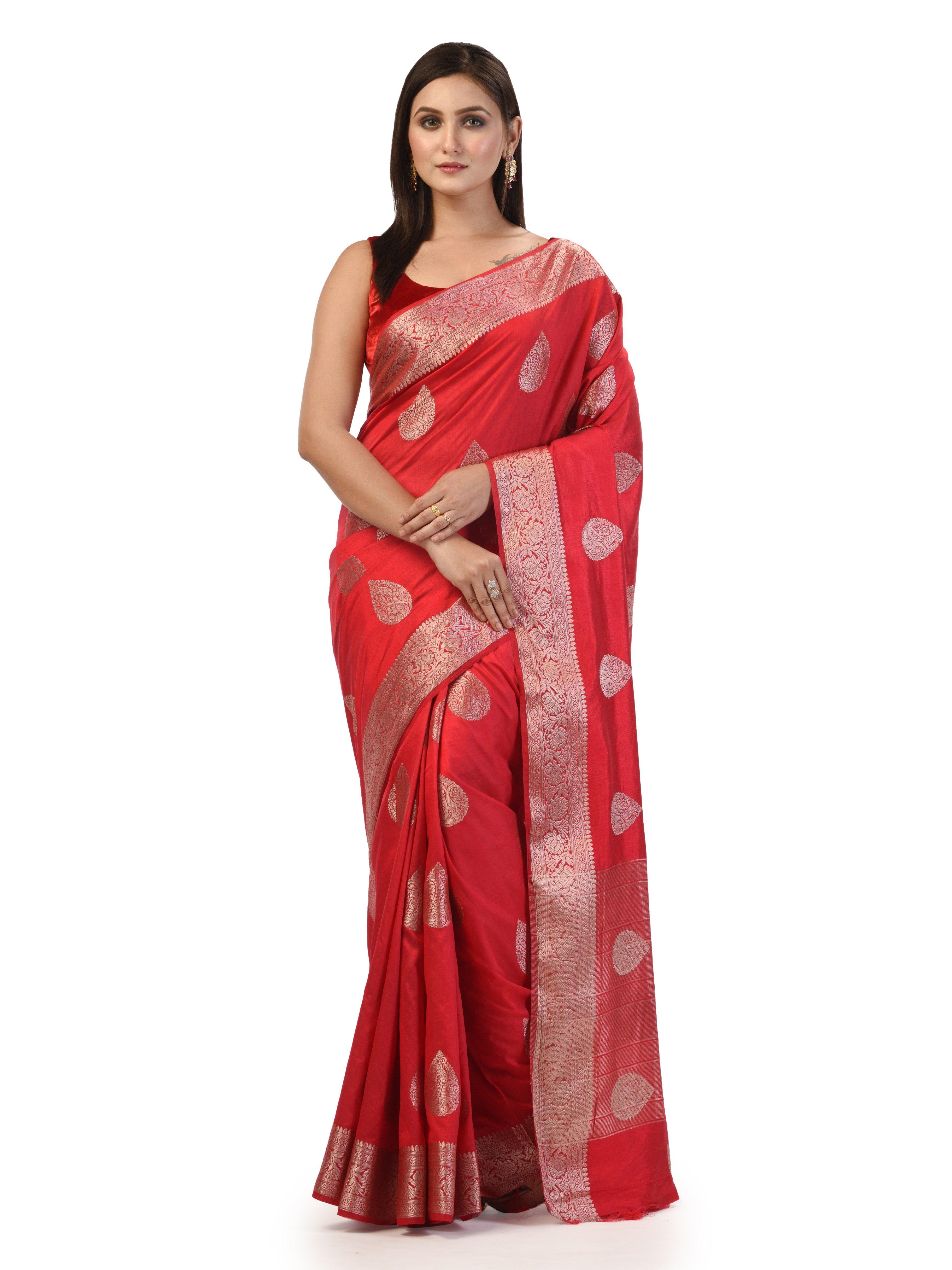 Kavvya Red Soft & Lightweight Raw Silk Weaving Saree In Anmol/ Golden Zari Weaving - KAVVYA 