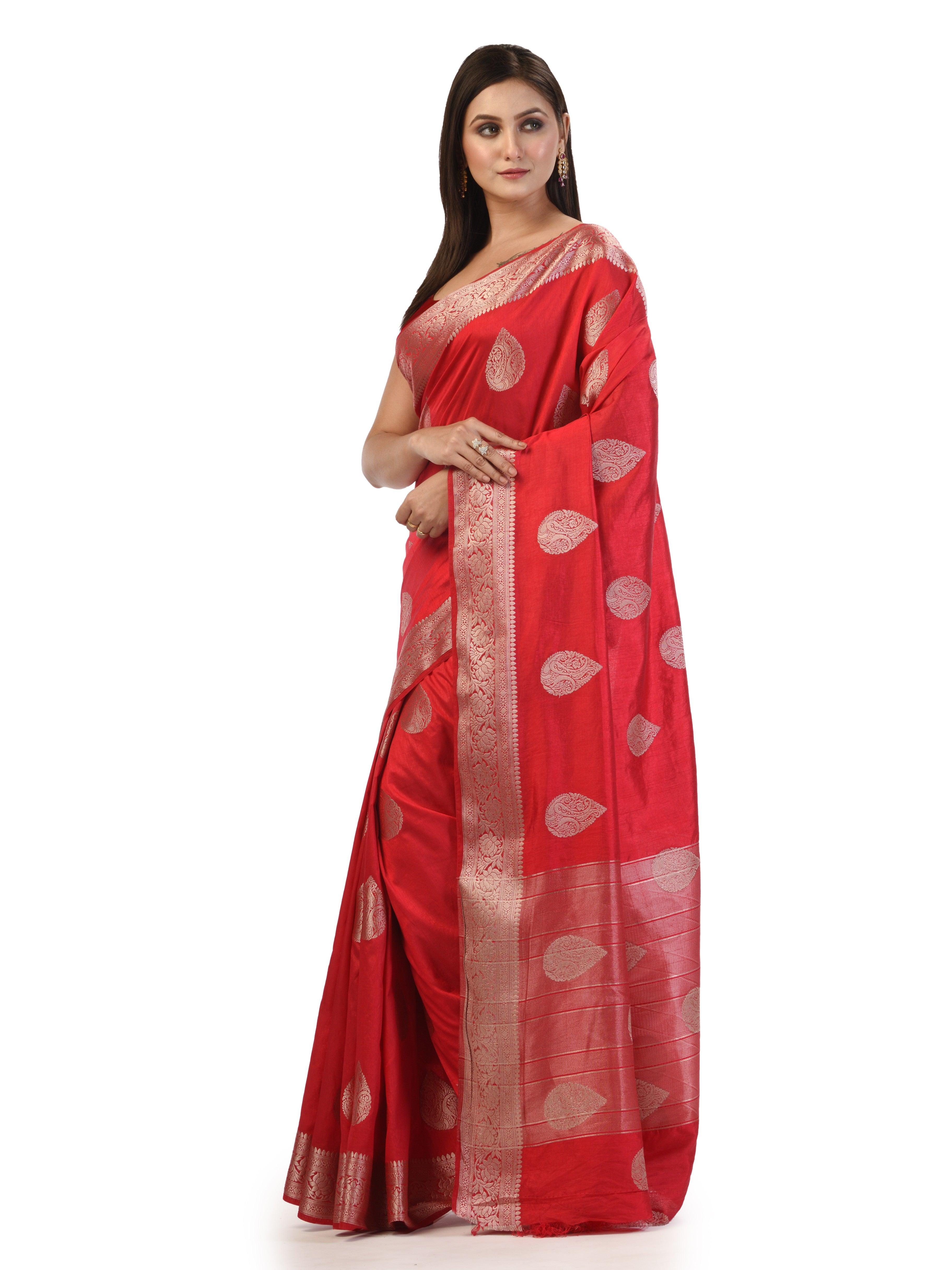 Kavvya Red Soft & Lightweight Raw Silk Weaving Saree In Anmol/ Golden Zari Weaving - KAVVYA 